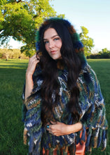 Load image into Gallery viewer, Women's Multi Colored Rabbit and Raccoon Fringe Poncho with Hood