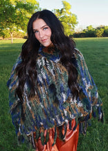 Load image into Gallery viewer, Women's Multi Colored Rabbit and Raccoon Fringe Poncho with Hood