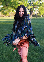 Load image into Gallery viewer, Women's Multi Colored Rabbit and Raccoon Fringe Poncho with Hood