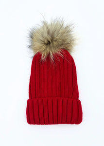 red knitted beanie