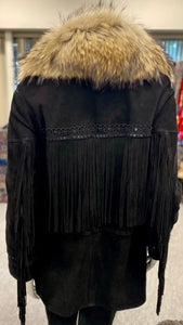 Suede Fringe Jacket with Raccoon Collar
