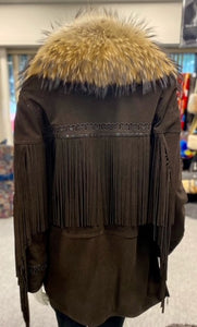 Suede Fringe Jacket with Raccoon Collar