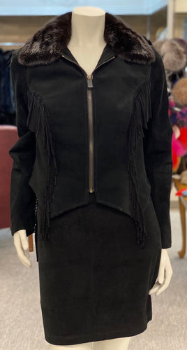 Suede Fringe Jacket with Detachable Mink Collar