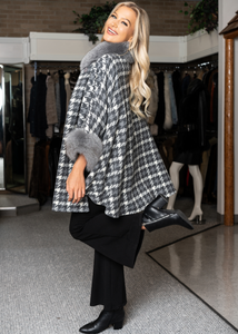 Grey & White Houndstooth Plaid Cape with Fox Fur