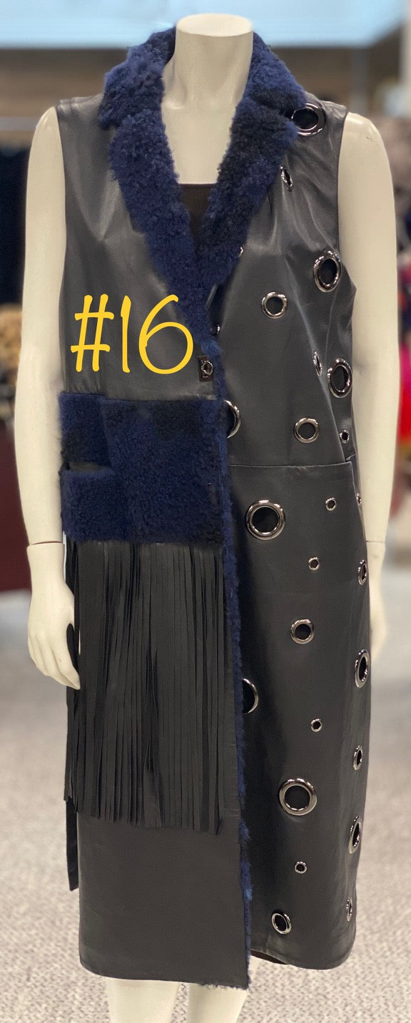 Black/Navy Shearling & Leather Vest with Fringe