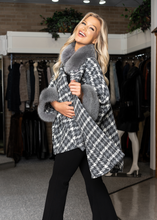 Load image into Gallery viewer, Grey &amp; White Houndstooth Plaid Cape with Fox Fur