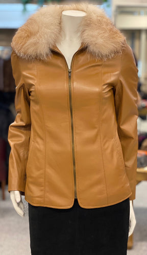 Camel Leather Jacket with Crystal Fox Collar