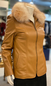 Camel Leather Jacket with Crystal Fox Collar