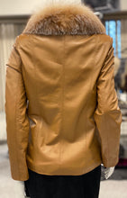 Load image into Gallery viewer, Camel Leather Jacket with Crystal Fox Collar