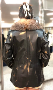 Brown Spray Painted Leather Jacket with Detachable Crystal Fox Collar