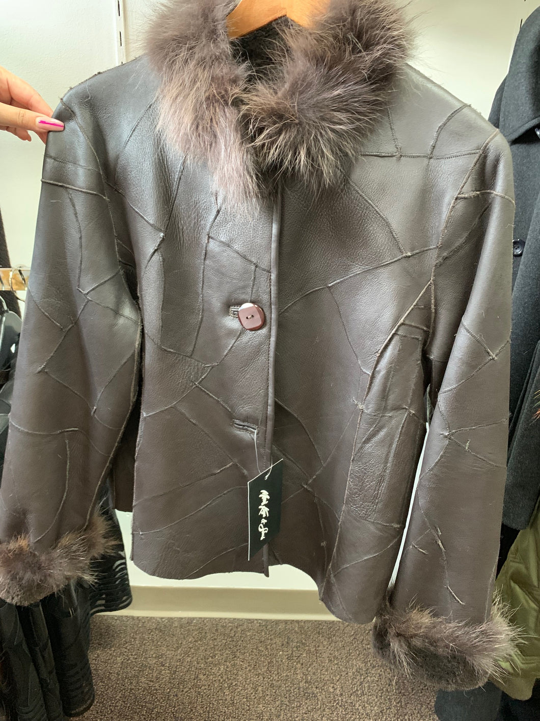 Mosaic Brown Leather Jacket with Fur Collar