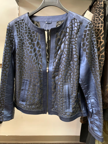 Metallic Blue Giraffe Pattern Leather and Tulle Jacket