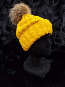 Knitted Beanie with Detachable Fur Pom-Pom
