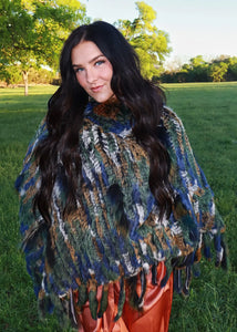 Women's Multi Colored Rabbit and Raccoon Fringe Poncho with Hood