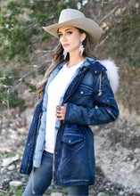 Load image into Gallery viewer, Denim Jacket with fur. Rabbit and Raccoon