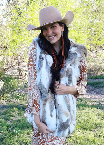 Women's White Multi Rabbit Vest with Hood