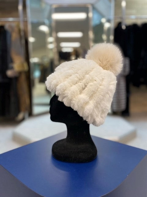 Knitted Rabbit Beanie with Fox Pom Pom – Morris Kaye Furs display picture 1
